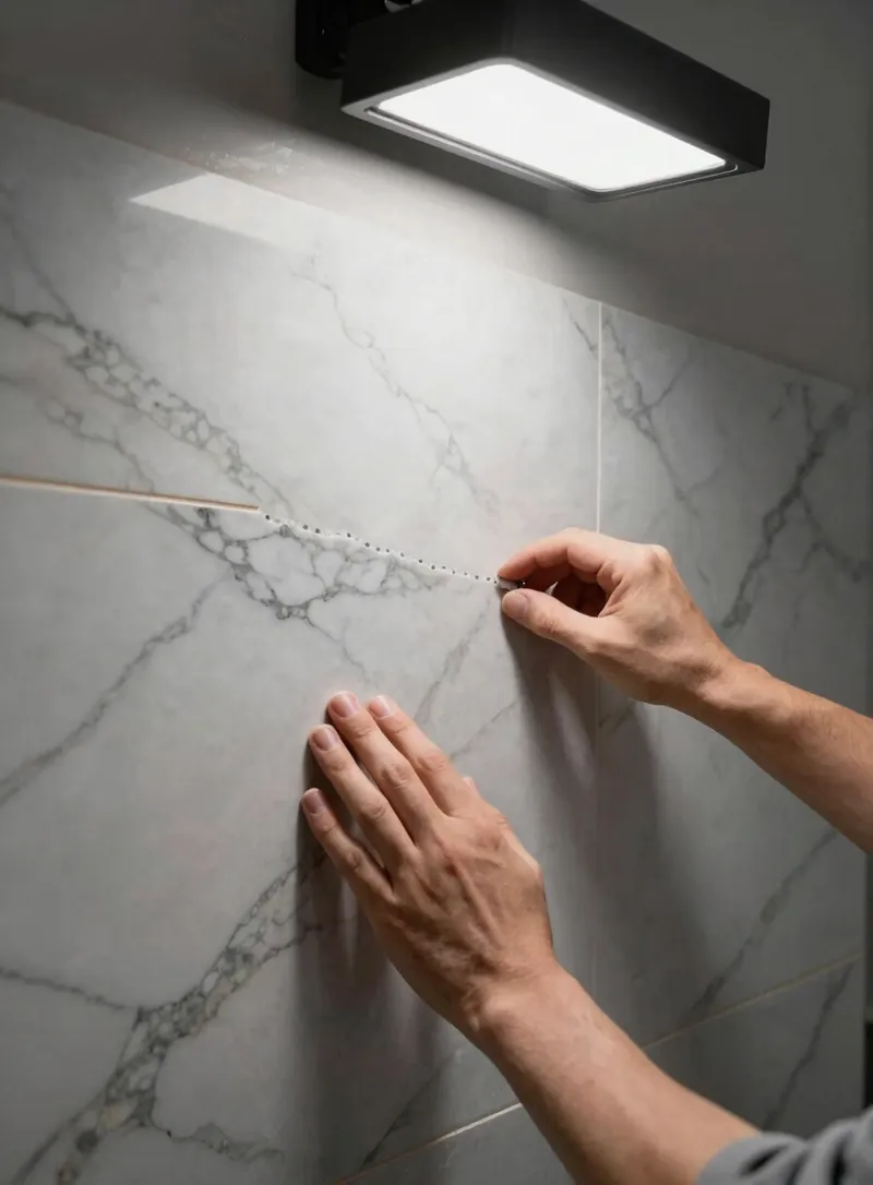 Artisan hands setting a large Calacatta marble tile against a wall